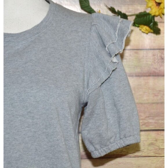 1 State Ladies S Gray Cropped Short Sleeve Ruffle Pullover Sweatshirt Cotton - Picture 3 of 8